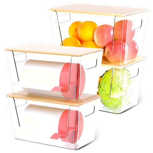 CiWiVOKi 4 Pack Clear Stackable Storage Bins with Bamboo Lids, Plastic Storage Containers with Handle, Perfect for Pantry, Bathroom, Kitchen, Closet, Cabinet, Fridge Organizer and Storage