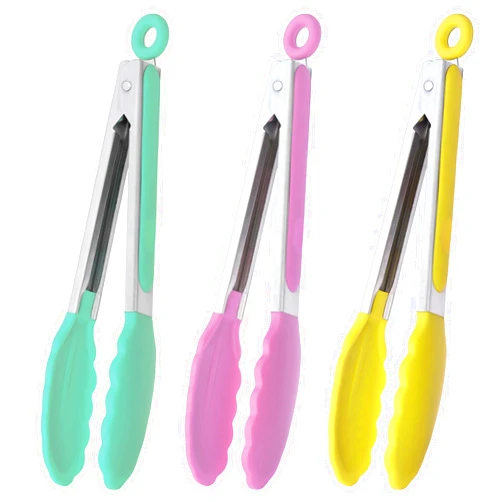 HINMAY Stainless Steel Kitchen Cooking Tongs with Silicone Tips 9-Inch Serving Tongs, Set of 3 (Mint Pink Yellow)