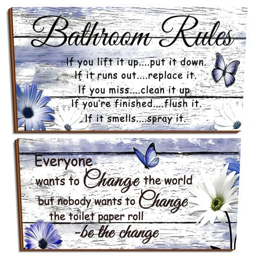 Jetec 2 Pieces Funny Bathroom Signs Bathroom Wall Decor Toilet Wall Accessories Farmhouse Toilet Rustic Wooden Signs(Purple Daisy Style)