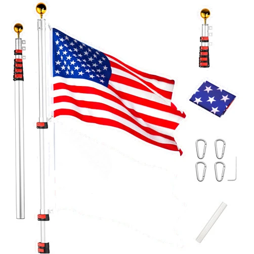 Yeshom Yescom Upgraded 20ft Telescopic 16 Gauge Heavy Duty Aluminum Flag Pole 3'x5' US Flag & Ball Top Kit Flagpole for Residential Commercial Yard