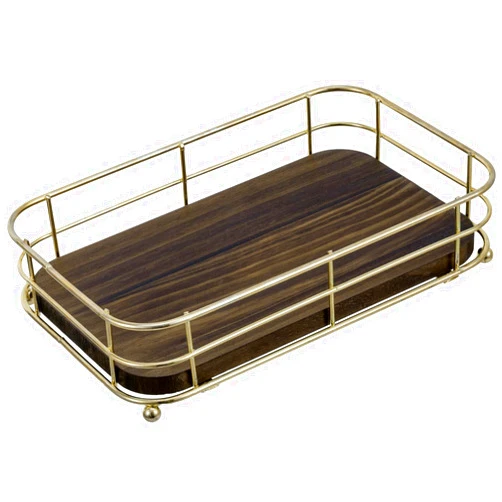 MyGift Deluxe Vintage Brass Tone Metal Wire Bathroom Folded Paper Towel Holder with Rustic Burnt Solid Wood Base, Tabletop Disposable Guest Hand Towel Dispenser Tray