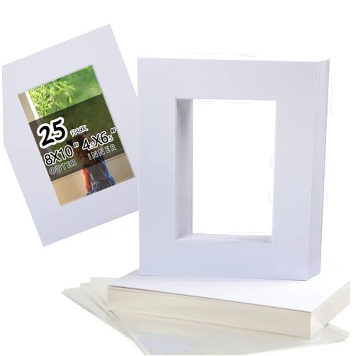 Falling in Art Acid Free 8x10 Pre-Cut Picture Mat Board Kit for 5x7 Photo, Includes 25 White Core Bevel Cut Mattes, 25 Backing Boards, 25 Crystal Clear Bags