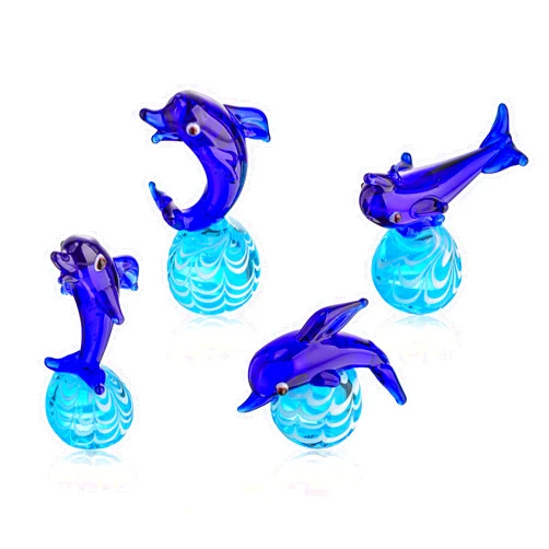 QFkris Set of 4 Blown Art Glass Dolphin Figurines Miniature Sea Animals Collectibles Handmade Christmas Dolphins Figurine for Home Decor Gifts