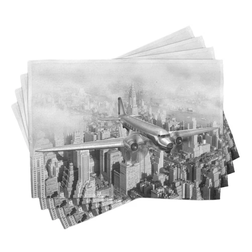 Ambesonne Vintage Place Mats Set of 4, Nostalgic Dated Plane Flying Over Skyscrapers in New York City Urban Life, Washable Fabric Placemats for Dining Table, Standard Size, Monochrome