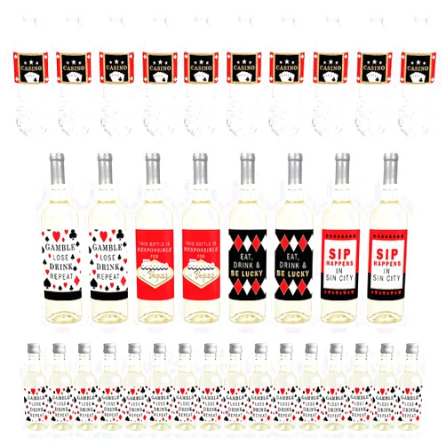 Big Dot of Happiness Las Vegas - Mini Wine Bottle Labels, Wine Bottle Labels and Water Bottle Labels - Casino Party Decorations - Beverage Bar Kit - 34 Pieces