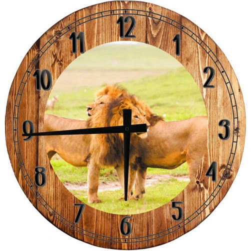 AT Wall Art African Golden Lions - King and Queen of The Jungle Large Round Wood Wall Clock Decor 12 Inch Brown Wall Art