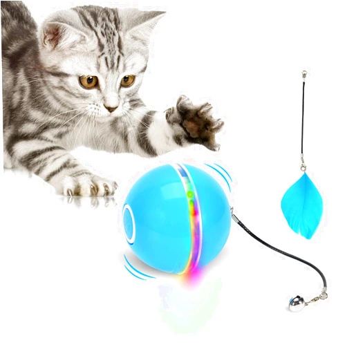 WWVVPET Interactive Cat Toys Ball with LED Light & Catnip, Upgraded Ring Bell Feather Toy, Auto Spinning Smart Cat Ball Toy, USB Rechargeable Stimulate Hunting Instinct Pet Kitty Funny Chaser Roller
