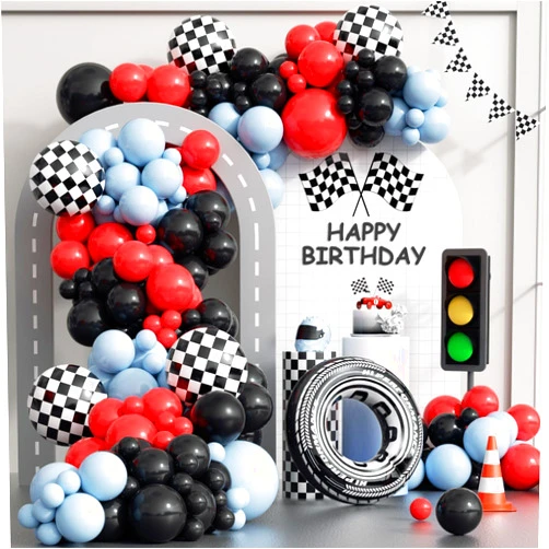 GIZIUXNE 132pcs Race Car Balloons Arch Garland Kit, 18 12 10 5Inch Red Blue Black Checkered Wheel Tire Balloons for Race Car Birthday Party Decorations Two Fast Birthday Decor