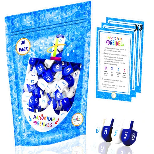 The Dreidel Company 30 Solid Blue & White Wooden Hand Painted Hanukkah Dreidels with English Transliteration - Includes 3 Detailed Game Instruction Cards- (30-Pack)