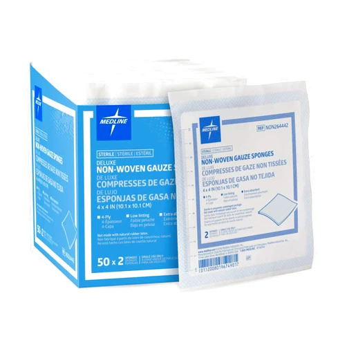 Medline Deluxe Gauze Sponge, Sterile, Nonwoven, Absorbent, Low Linting, Fast Wicking, 4-Ply, 4