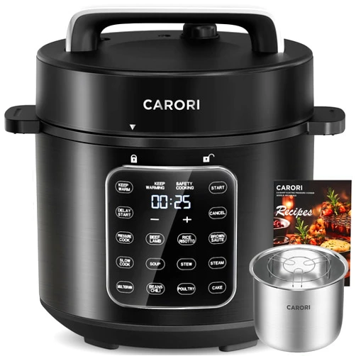 Carori 9-in-1 Electric Pressure Cooker 6 Qt, Stainless Steel Inner Pot, Programmable 12 Multi-Function Cooker with Safe Vent Design, Rice Cook, Slow Cook, Sous Vide, Sauté, Warmer & Sterilizer, Black