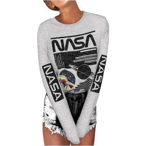 WLLW Women Long Sleeve Graphic Shirts NASA Letter Print Crew Neck Tee Tops Blouse Sweatshirts