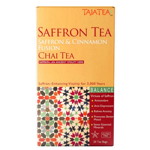 Taja Tea Taja Saffron Tea - Saffron & Cinnamon Fusion Chai, Balanced Wellness Blend for Mindful Comfort, Mood Boost, Decaffeinated | Gluten Free | Kosher, 20 Tea Bags