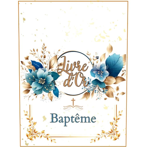 Krol Boohs Livre d'or baptême: pour enfant fille ou garçon - 100 pages format carré à remplir avec message ou photo - thème bleu doré - couverture rigide (French Edition)