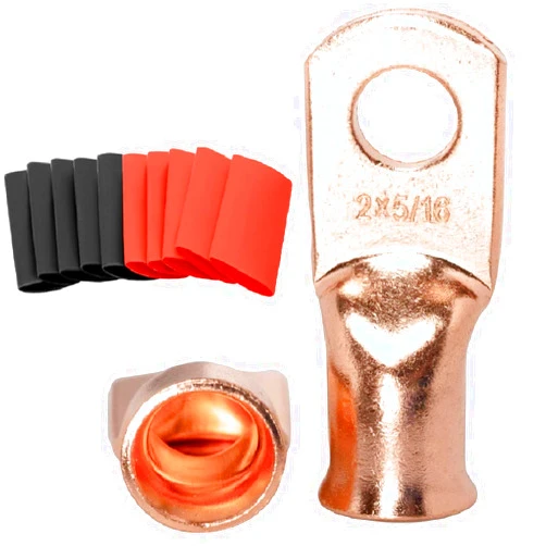 SVAAR 10pcs 2 Gauge Copper Lugs 2 AWG-5/16 Ring Terminals Heavy Duty Wire Lugs,Battery Cable Ends,2 Guage Cable Lugs/Terminals,Battery Terminal Connectors, 10PCS 2 Gauge Lugs + 10PCS 3:1 Heat Shrinks