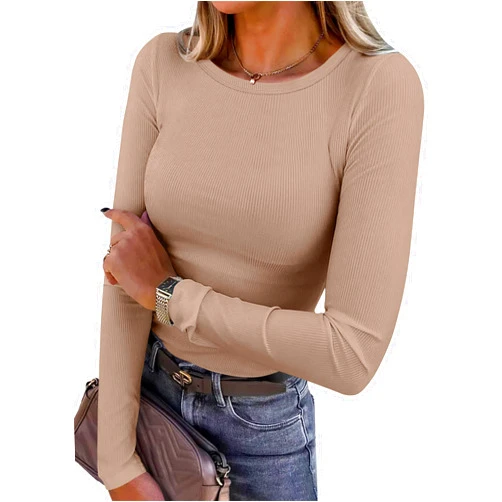 ANRABESS Women Long Sleeve Crewneck Rib Knit Slim Fit Shirts Basic Tee Tops 2024 Casual T-Shirt Going Out Workout Outfits