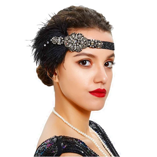 Anglacesmade Bridal 1920s Flapper Feather Headband Crystal Beaded Black Feather Headpiece Hair Jewelry for Women and Girls