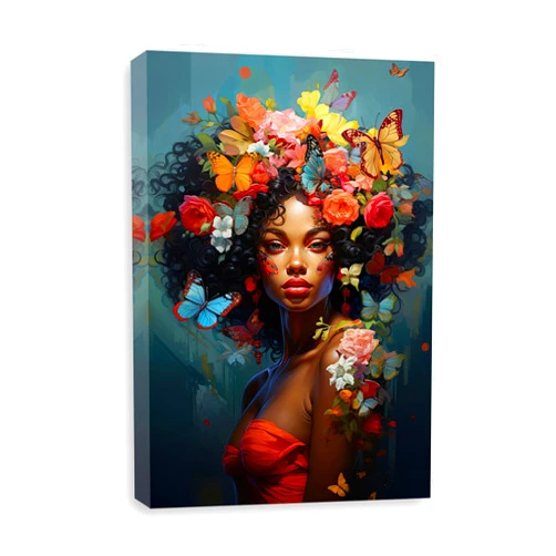 DOARTDO African Black Woman Canvas Wall Art Abstract Color Girl Portrait Painting Woman Floral Hair Picture Print for Office Bathroom Frame Decor (Woman - 3, 12.00