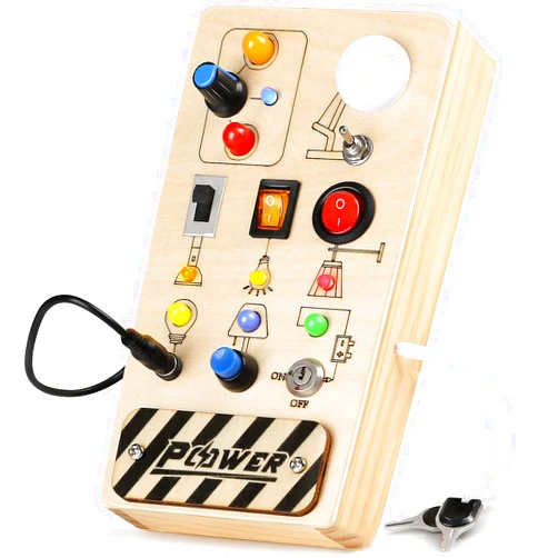 Joyreal Montessori Busy Board Toy for Toddlers, LED Wooden Sensory Board with 8 Switch Light Designs, Early Activity Motor Skills Educational Toys for Toddler 1 2 3 Year Old Boys Girls