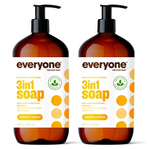 Everyone 3-in-1 Soap, Body Wash, Bubble Bath, Shampoo, 32 Ounce (Pack of 2), Coconut and Lemon, Coconut Cleanser with Plant Extracts and Pure Essential Oils