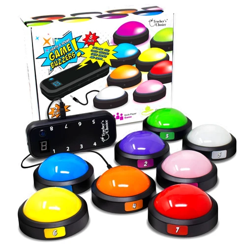 Teacher's Choice Light Up Game Buzzer System, Displays The Winning Player Loud, Unique Sounds for Each Buzzer, Great for Trivia Games, Family Feud, Jeopardy (8 Pack)