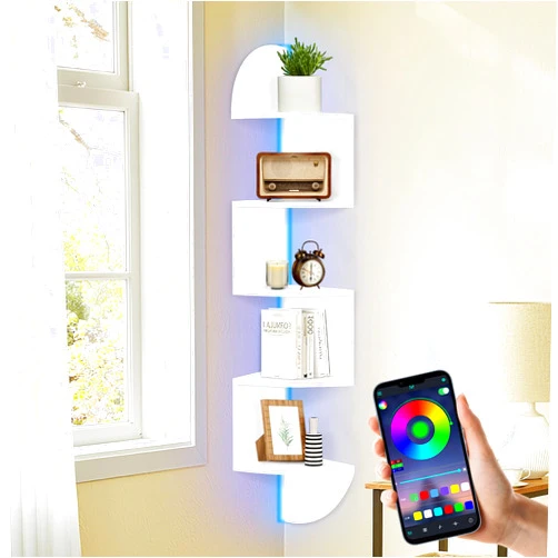 Jasenlove Corner Shelf Wall Mounted, 5 Tier Corner Bookshelf with Light, Corner Floating Shelves Display Shelf Stand for Bedroom, Bathroom, Living Room, Kitchen, Home, Office (White)