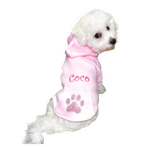 SASSY DOG FASHIONS Customizable Dog Hoodie with Rhinestone Bling Sparkle Paw Print and Custom Embroidered Name Options, Cute Pet Clothes for Small Dogs (Large, Pink)