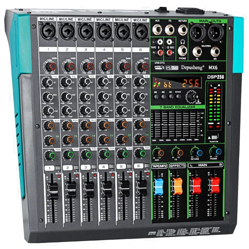 Depusheng MX6 6 Channel Sound Mixer Audio Mixing Console 48V 256DSP Professional USB PC Play Record Podcast Live Broadcast (US MX6)