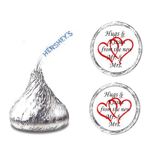 RokAPary 324 Hugs and Kisses from The New Mr. & Mrs. with Interlocking Hearts Wedding Stickers, Chocolate Drops Labels for Bridal Shower Engagement Party Decorations, Favors Decor for Kiss. Made in USA (Red)
