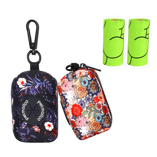 Petmolico Dog Poop Bag Holder Leash Attachment, Dog Waste Bag Dispenser Zippered Pouch, Fits Any Dog Leash, Includes Free Roll of Dog Bags, Poop Bag Dispenser - 2 Pack, Boho Floral