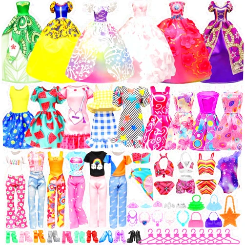 Ecore Fun 48 pcs Doll Clothes and Accessories for 11.5 Inch Doll - 2 Princess Dresses 7 Fashion Dresses 2 Outfits 2 Swimsuits 10 Shoes 5 Crowns 5 Necklaces 5 Handbags 10 Hangers Accessories Girls Gift