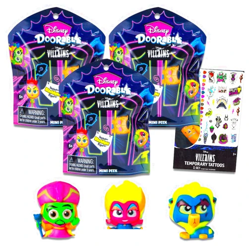 Disney Villains Doorables Blind Bags - Bundle with 3 Disney Villains Doorables Mini Figures for Kids, Adults Plus Tattoos | Disney Villains Doorables Exclusive Blacklight Figures Series