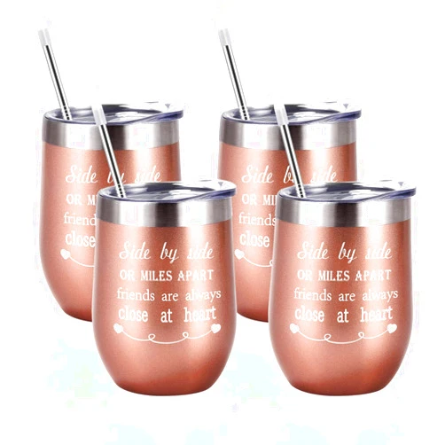GINGPROUS Friends Wine Tumbler Set of 4, Side By Side or Miles Apart Friends Are Always Close at Heart Wine Tumbler for Long Distance Friendship, 12 Oz Stainless Steel Insulated Wine Tumbler with Lid and Straw