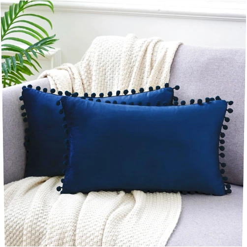 uxcell Pack of 2 Velvet Throw Pillow Covers with Pompoms Decorative Pillow Cases Fringe Cushion Covers Velvet Square Sham for Farmhouse Bedroom Living Room 16 x 16 Inch Dark Blue