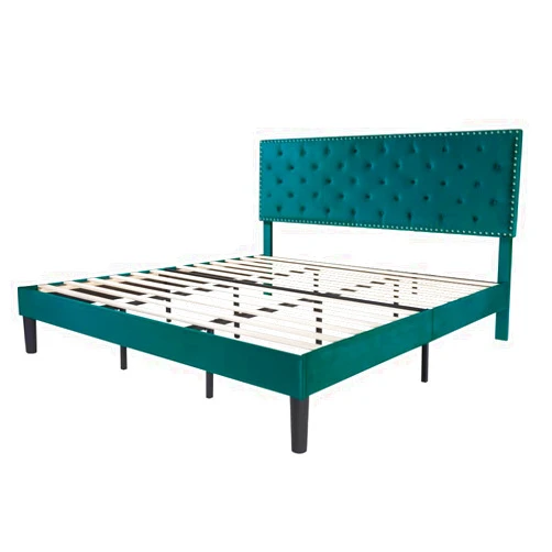 AEZOS Bed Frame King Size with Velvet Upholstered Headboard,Ritet Decorated,No Box Spring Needed,Teal Blue