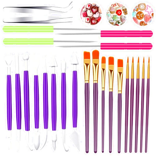 Xthrotsenk 24 Pcs Cookie Decorating Tool Scraper Set Cookie Cutout Utensils Pastry Brush Fondant Needle Tools Sugar Stir Cake Scriber Needles Modeling pick Tool Kit Elbow and Straight Tweezer for Cake Fondant