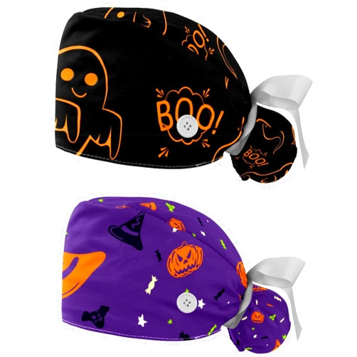 IROLSKDNFH 2 Pcs Working Cap with Buttons Sweatband Funny Ghost Cloud Boo Halloween Pattern Ribbon Tie Back Bouffant Hats