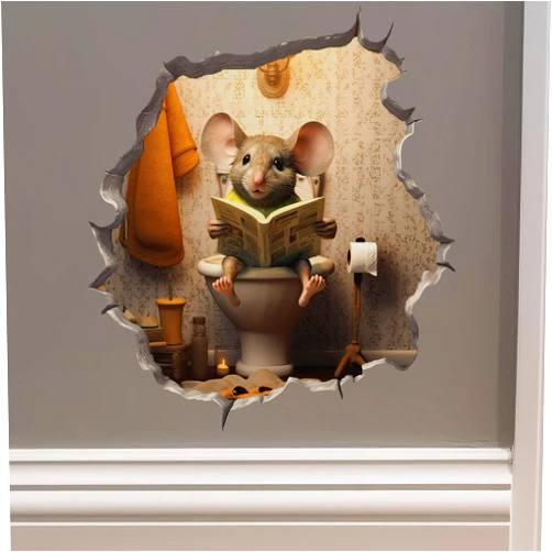 My Wonderful Walls Mouse Sitting on Toilet in Mouse Hole Decal - Mouse Hole Sticker with 3D Effect - Funny Gift - Potty Training Gift Idea