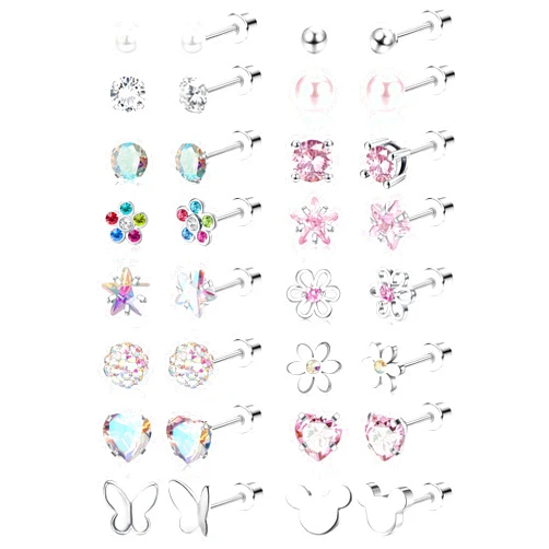CASSIECA 16 Pairs Hypoallergenic Screw Back Earrings for Women Girls 316L Stainless Steel CZ Pearl Ball Heart Flower Screwback Flat Back Stud Earrings Jewelry Gift Women Multicolored Pink