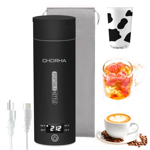 CHORHA Electric Kettle Portable Travel Kettle Tea Coffee Portable Kettle, 500ML with 4 Variable Presets, Small Electric Kettle 304 Stainless Steel with Auto Shut-Off & Boil Dry Protection (Black)