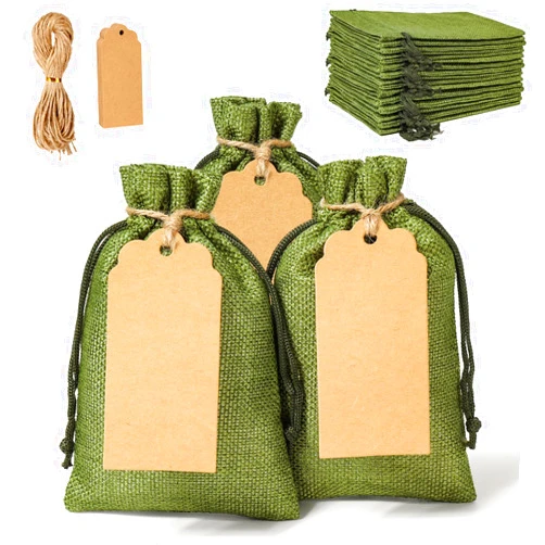 Hopttreely 25Pcs Premium Burlap Gift Bags with Drawstring and 25Pcs Gift Tags & String, Green 5X7inch Reusable Linen Sacks Bag for Wedding Favors Party Jewelry Pouches, Christmas, Coffee, DIY Craft Bags