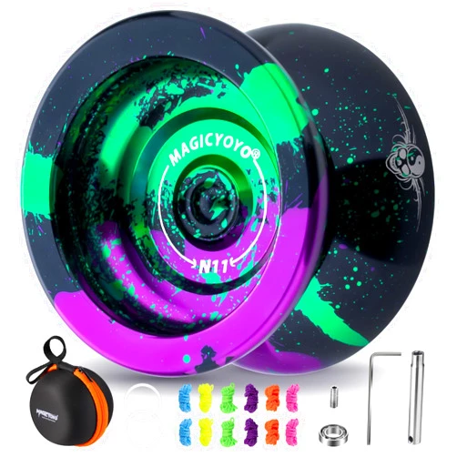 MAGICYOYO N11 Professional Yoyo – Unresponsive Design for Adult Tricks, Suitable Yoyo for Kids 8-12 or Above, Dual-Purpose Responsive Bearing, 12 Extra Strings, Case, Bearing Kit - Black Green Purple
