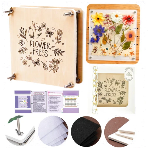 NeonNectar Portable Flower Pressing Kit,7.5x7.5 Inches Wood Flower Leaf Plant Press Kit：Create Dried Pressed Flowers Leaves Fruits for Resin Art and Craft Projects