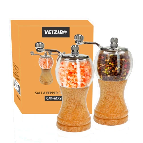 VEIZIBEE Pepper Mill Set, Classical Hand Shake Wood Pepper Grinder Set & Salt Mill, Wooden & Acrylic,Ceramic Blades Upgrade Metal Handle,Enjoy Fresh Ground Pepper Various Spices (Burlywood 2pcs-5in)