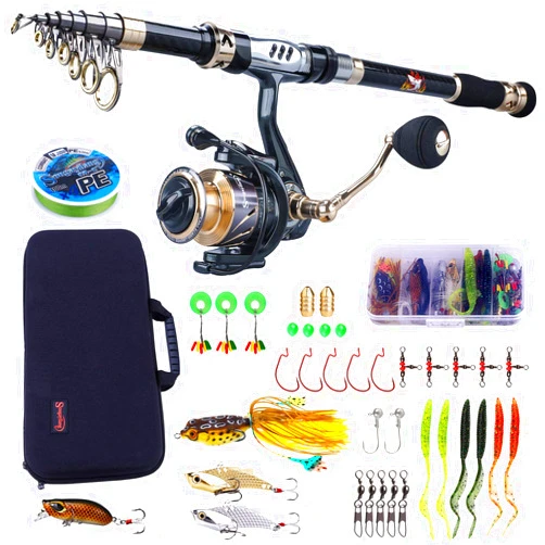 Sougayilang Telescopic Fishing Rod and Reel Combos Full Kit, Carbon Fiber Fishing Pole, 13 +1 Shielded Bearings Stainless Steel BB Spinning Reel with Suitcase Fishing Kit