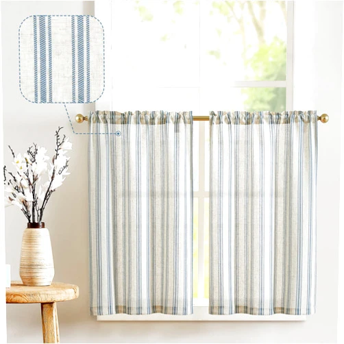 jinchan Linen Kitchen Curtains Striped Tier Curtains 36 Inch Cafe Curtains Farmhouse Small Curtains Balanced Stripe Half Window Curtains Light Filtering for Bathroom Laundry 2 Panels Blue on Beige