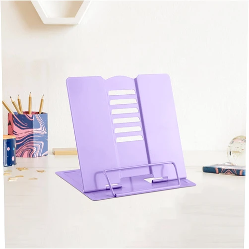 MSDADA Small Desk Book Stand Metal Reading Rest Book Holder Adjustable Cookbook Documents Holder Portable Sturdy Bookstands for Recipes Textbooks Tablet Music Books(Purple）