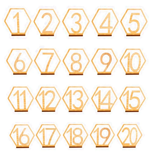 BravOne Wooden Table Numbers, Hexagon Shape 1-20 Wedding Table Numbers with Holder Base Rustic Hollow Out Wood Table Numbers Card for Wedding Party Event Catering Decoration (Hexagon)