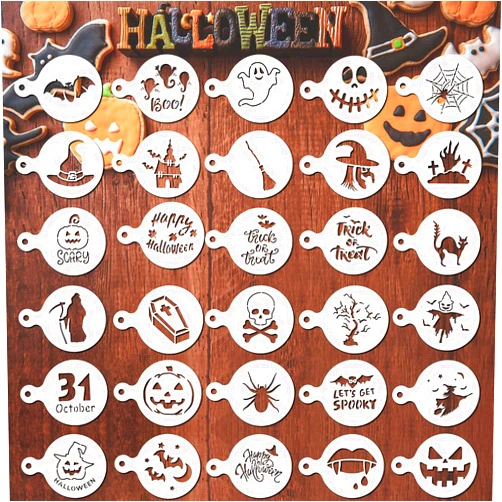 Outus 30 Pieces Halloween Cookie Stencils Reusable Small Halloween Stencils Coffee Templates Baking Painting Mold Tool for Halloween DIY Notebook Wood Sign Card Making(Classic Style)