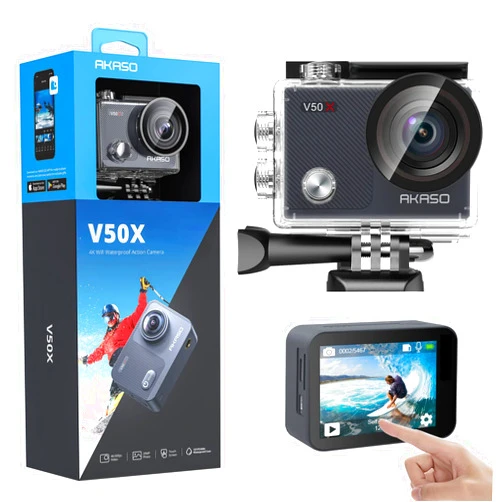 AKASO V50X Native 4K30fps WiFi Action Camera with EIS Touch Screen 4X Zoom 131 feet Waterproof Camera Support External Mic Remote Control with Helmet Accessories (Without 64GB MicroSD Card)